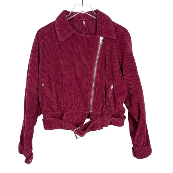 FREE PEOPLE Small Wine Burgundy Slouchy Corduroy Assymetrical Zip Crop Jacket - Picture 1 of 9